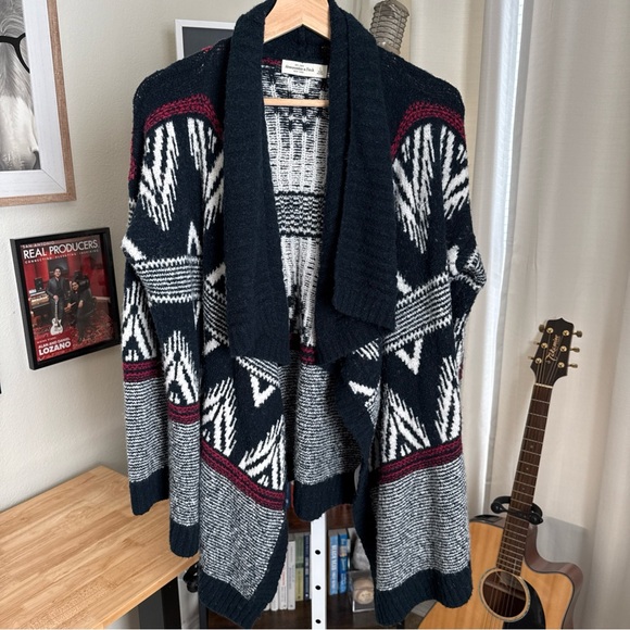 A&F Wool Blend Shawl Collar Open Cardigan Size L Western Nordic White Black Red - Picture 2 of 8